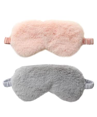 2 Pcs Plush Sleep Mask Furry Satin Eye Cover for Trave Trip Nap Night Sleep Meditation Party Favors (Light Pink Grey)