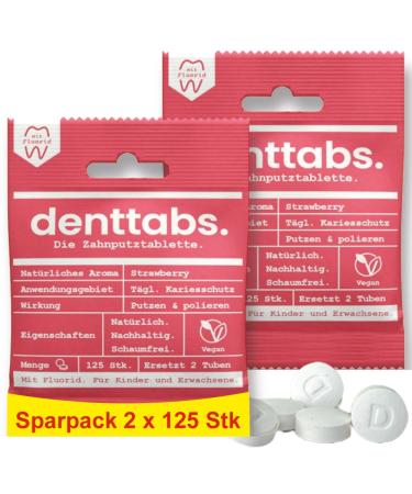 Denttabs 2 x 125 Strawberry Toothbrushing Tablets - Complete Alternative to Toothpaste - With Adapted Fluoride Content - For Children - Plastic Free - Preservative Free -