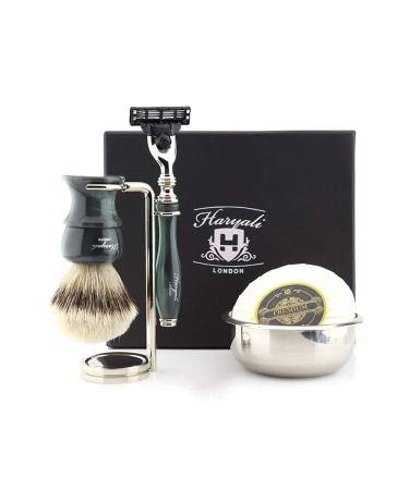 Haryali London 5-part men's shaving set with 3-edge safety razor silver tip badger hair bristles brushes stands soap and bowl perfect set for men