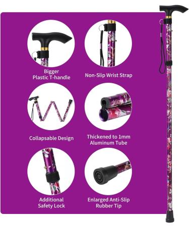 Buy Foldable Walking Sticks for Seniors - Adjustable T-Handle Walking Aids for Men & Women | Stylish Black & Violet Flower Designs - Buy Online on GoSupps.com
