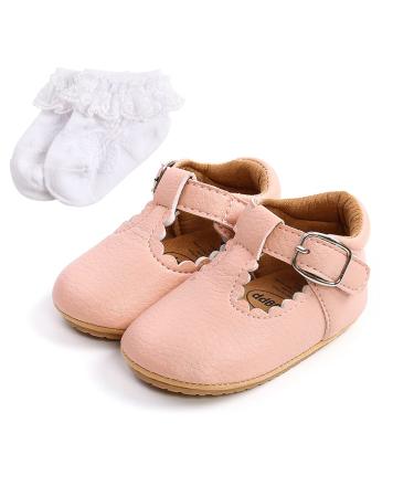 Baby Anti-Slip First Walking Shoes Baby Boys Girls Princess Soft Sole Toddler Shoes Sneakers Infant PU Leather Prewalkers for 0-18 Months with Sock 0-6 Months Narrow Pink