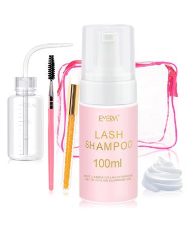EMEDA 100ML eyelash shampoo for extensions with rinsing bottle and brush eyelash extensions shampoo kit for salon eyelash foam cleaner home application eyelashes shampoo eyelash cleaner lash shampoo XL (100ml with 2 Brush and Bottle)