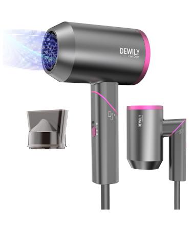 Hair Dryer Travel Hairdryers for Women Men-DEWILY Powerful Foldable Ironic Hair Dryers for Curly Hair and Straight Hair Small Blow Dryer for Women Men Fast Drying Grey/Rose-1nozzle