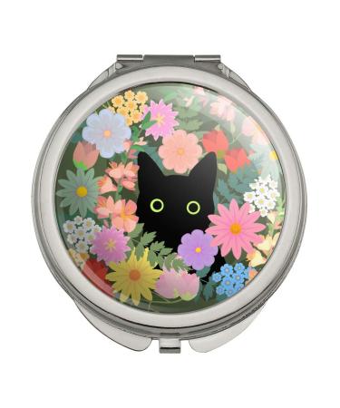 GRAPHICS & MORE Black Cat Hiding in Spring Flowers Compact Travel Purse Handbag Makeup Mirror