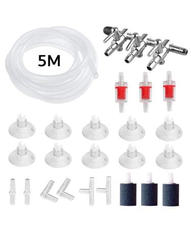 Kingrun 24 pieces Air pump accessories for fish tank 5m silicone hose 3-way aquarium metal air valve 3 oxygen stone 3 check valves 10 suction cup clips 6 connectors for the aquarium