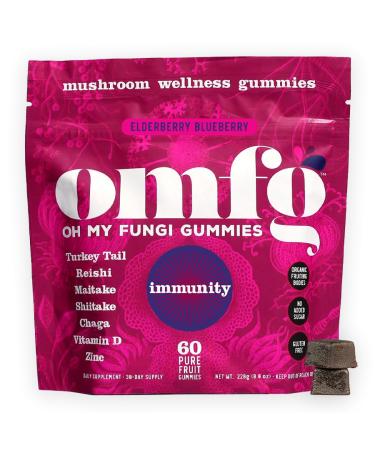 OH MY FUNGI GUMMIES Mushroom Supplement Gummies for Immunity Reishi Turkey Tail Chaga Zinc D3 Vegan Gummy for Healthy Immune Support - Elderberry Blueberry Flavor (60 Count)