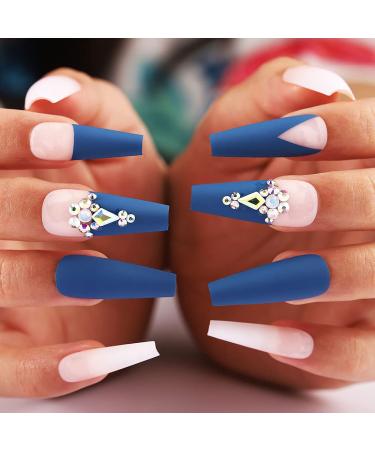 Matte Crystal Blue Extra Long Coffin Press on Nails - 24pcs 3D Bling Ballerina False Nails for Women and Girls - Buy Online on GoSupps.com