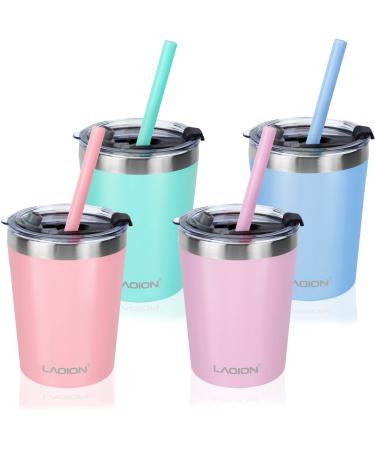 LAOION Kids & Toddler Cups with Silicone Straw & Spill Proof Lid - 8 oz BPA FREE Baby Transition Sippy Cups for Girls Boys All Years Old - Set of 4 Vacuum Insulated 18/8 304 Stainless Steel Snack Cups Multicolor 4 pack