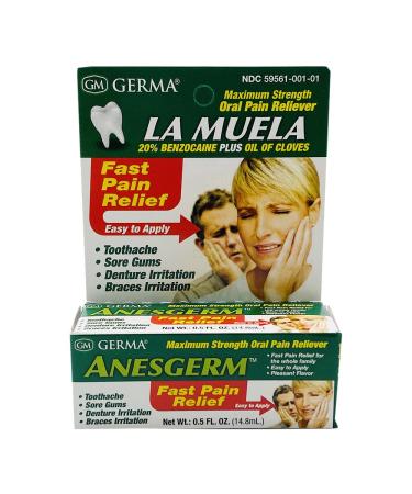Germa La Muela Anesgerm Oral Pain Relief. Maximum Strength Mouth Analgesic. Benzocaine 20%. 0.5 fl.oz