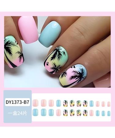 Shop Summer Press On Nails - Square Short Fake Nails with Palm Tree Designs | Glossy Blue & Pink Acrylic | Y2K Style | Reusable 24PCS - Buy Online on GoSupps.com