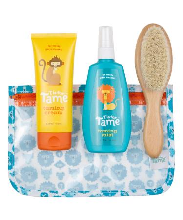 T is for Tame  Kids Hair Taming Cream & Spray Bundle for Frizz, Flyaways, Static & More, All Natural Leave in Cream & Spray are Safe for Babies & Toddlers, Bag & Soft Natural Brush Included