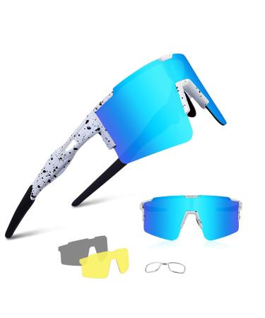 BangLong Cycling Sunglasses Polarized Sports Glasses for Men Women with 3 Interchangeable Lenses for Running Baseball Glasses White Blue
