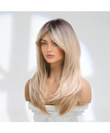 Long Blonde Wig with Bangs and Dark Roots - 22 Inch Synthetic Hair Wig for Women - Buy Online on GoSupps.com