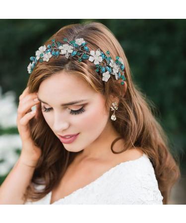 IYOU Flower Wedding Hair Vines Blue Crystal Bride Headband Leaf Guest Bridesmaid Hair Accessories for Women - Buy Online on GoSupps.com