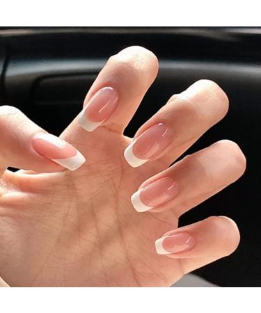 24PCS Press on Nails Short French Fake Nails Glue on Nails Glossy Coffin Acrylic Nails Nude Pink French Tips Nails False Nails with Glue Square Head Full Covers Stick on Nails for Women and Girls french-tips