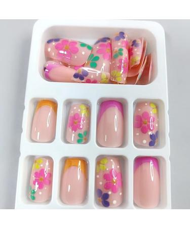 24 Pcs Medium Square French Fake Nails | Acrylic Colorful Flower Designs | Glossy Full Cover False Nails | Manicure Decorations for Women and Girls - Buy Online on GoSupps.com