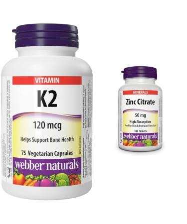 Webber Naturals Vitamin K2 120 mcg 75 Capsules MK-7 Formula Helps Support Bones Vegan & Zinc Citrate 50 mg 180 Tablets For Healthy Skin and Immune Support Vegan Vitamin + SUPPLEMENT 2006695