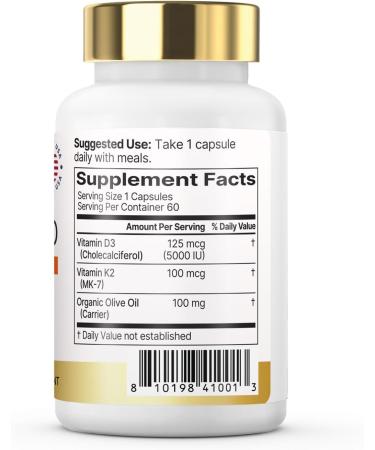 VXICDE Vitamin Non-GMO Formula 125 mcg Vitamin D3 & 100 mcg K2 (MK-7) and Olive Oil 100mg Supplement Easy to Swallow D & K Complex 60 Capsules - Buy Online on GoSupps.com