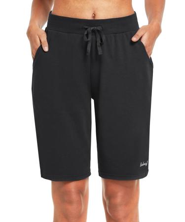 BALEAF women's Bermuda shorts cotton sweatpants summer shorts with pockets for yoga sports leisure L black