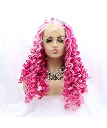 Xiweiya Long Curly Ombre Pink Mixed White Pink Lace Front Wigs Pink Curly Synthetic Lace Front Wig Loose Kinky Soft Lace Wig Heat Resistant Fiber High Density For Women 20inch……
