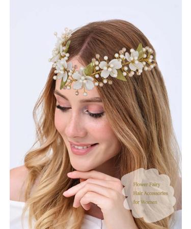 IYOU Fairy Flower Headband Gold Pearl Hair Band Crown Leaf Elf Headpiece Tiara Woodland Princess Wedding Hair Accessories for Women and Girls - Buy Online on GoSupps.com