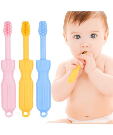 NiBaby 0-6 Months 6-12 Months 3-Pack Silicone Teething Toys for Babies Toothbrush Shape Baby Teether Toys BPA Free Freezable Dishwasher (Pink/Yellow/Blue)