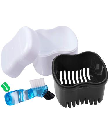 Denture Brush Retainer Case, Denture Case,Denture Cups Bath,Dentures Container with Basket Denture Holder for Travel,Mouth Guard Night Gum Retainer Container (black)