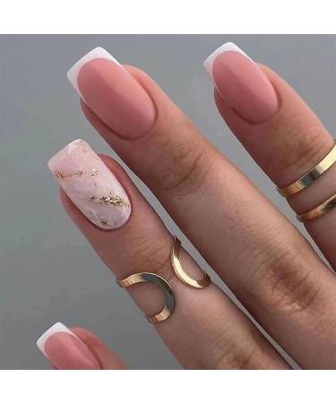 False Nails Short - 24Pcs Square Press On Nails - Pink with Marble Print Design Fake Nails - For Women Girls DIY Removable False Nails Art