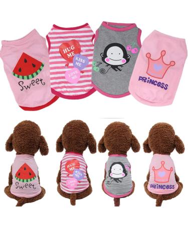 Dog Shirts for Medium Dogs Girl - Girl Puppy Clothes - Pet Clothes for Medium Dogs- Dog Clothing - Clothes for Shih Tzu Pomeranian French Bulldog Dachshund - Small Girl Dog Clothes, Large 4PC/watermelon + monkey + princess + stripe Large