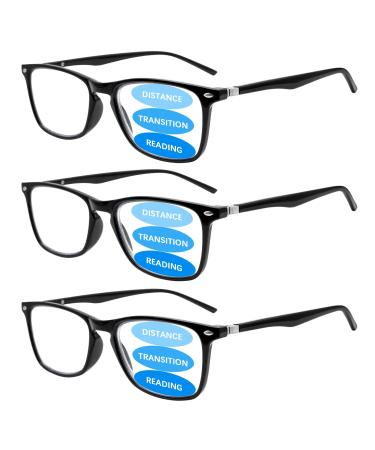 Sumkyle 3 Pack Progressive Multifocus Reading Glasses for Men Women Blue Light Blocking Spring Hinges Computer Readers (3 Black 2.00) 3 Black 2.0 x