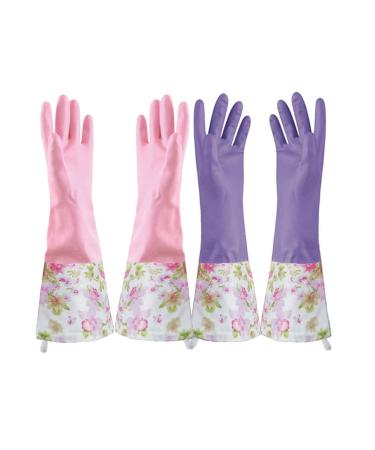 KINGFINGER Rubber Latex Gloves Waterproof Long Cuff and Flock Lining Household Cleaning Gloves 2 Pairs Large Purple