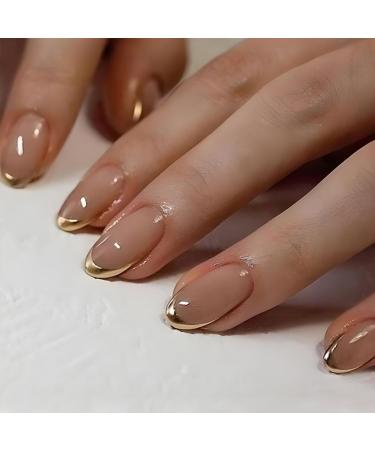 Gold Press on Nails Almond French Tip Fake Nails Short Nails Press on Gold Nail Tips Designs Full Cover False Nails Glossy Acrylic Nails Almond Shape Glue on Nails for Women Girls Manicure 24Pcs Gold Designs Fake Nails-12