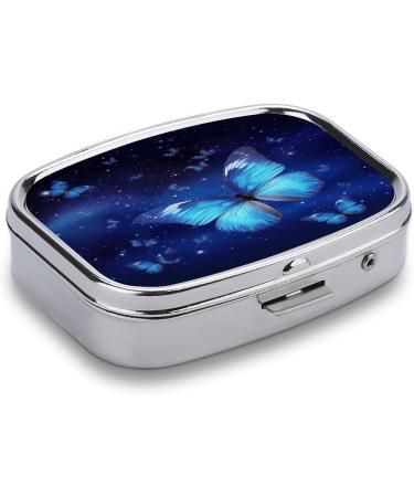 Shop Blue Starry Butterfly Pill Box - 2 Compartment Decorative Metal Organizer for Travel | Portable Pocket & Purse Pill Case - Buy Online on GoSupps.com
