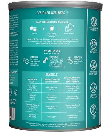 Designer Wellness Vanilla Angel Cake Soy Isolate Protein Powder with Biotin, Hyaluronic Acid & Prebiotics - Vegan & Non-GMO - 11.4 oz - Buy Online on GoSupps.com