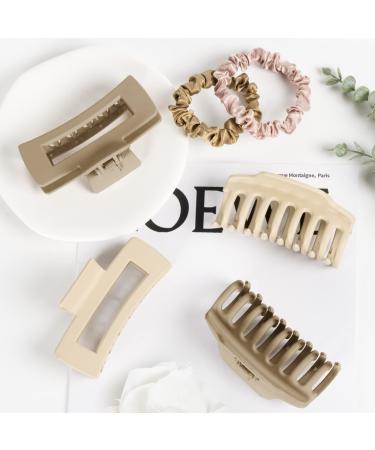 Amazer Hair Clips Hair claw clips for Thick Hair Large Hair Clips for Women 4 Pack Neutral Colors Matte Hair Clips and Extra 2 Hair Scrunchies Suitable for All Hairstyle 2 Large claws + 2 Large square Natural Yellow & Light Brown