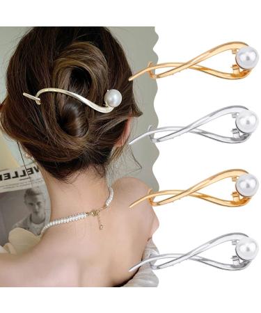 Ahoney 4 Pcs Hairpin Pearl Barrettes for Women 4.2 French Hair Clips for Hair Fancy Pearls Hair Pins for Thick Hair (Silver+Gold) Sliver&Gold Pearl