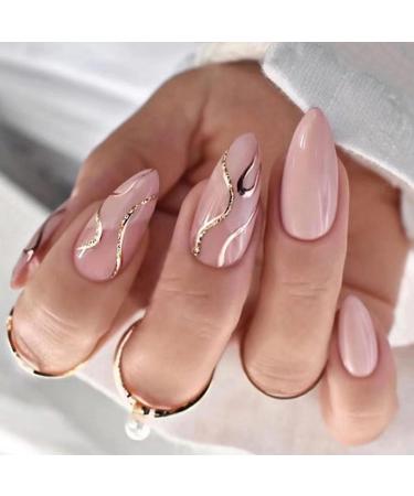 JUSTOTRY 24 Pcs Gold Swirl Stiletto False Nails Short Pink French Press on Nails Pattern Pretty Fake Nails Short with Nail Glue Wavy Almond Stick on Nails for Women Nails Fake Nail for Nails Art PSFG