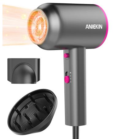ANIEKIN Hair Dryer with Diffuser  1875W Ionic Blow Dryer  Professional Portable Hair Dryers & Accessories for Women Curly Hair  Grey Gray