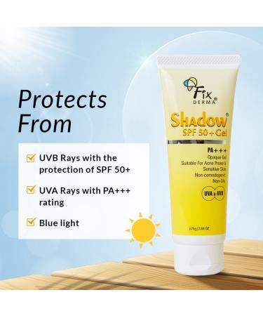 Fixderma Shadow SPF 50+ Gel | Titanium Dioxide & Zinc Oxide Sunscreen | Broad Spectrum UVA/UVB Protection | Water Resistant | 2.64 Oz - Buy Online on GoSupps.com