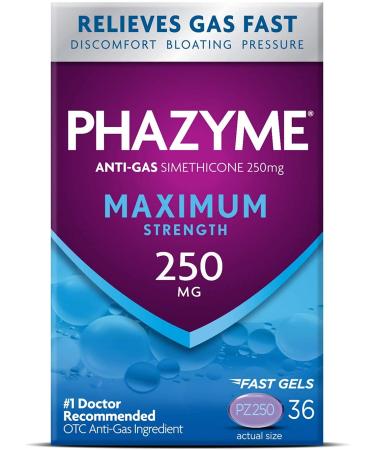 Phazyme Maximum Strength Gas and Bloating Relief | 250 mg Simethicone | 36 Fast GELS | Pack of 1