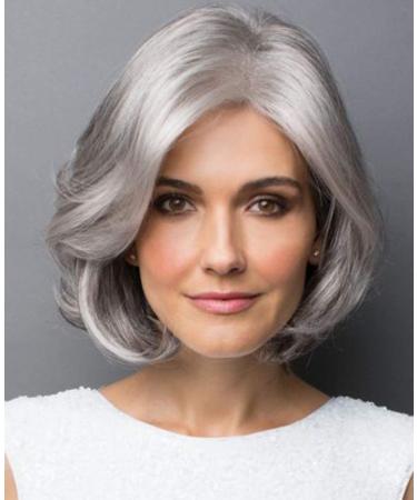 SEVENCOLORS Short Gray Bob Wigs for Women Lace Front Silver Grey Synthetic Wigs Natural Looking Short Gray Hair Wigs for White Women(Grey Wavy)