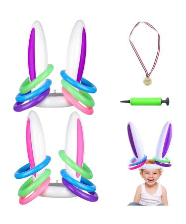 Easter Inflatable Bunny Ears Ring Toss Game,Inflatable Rabbit Ears Toys Gift for Kid Family School Party,Favor Indoor Outdoor Toss Game(2 Sets & 12 Rings & 1 Pump