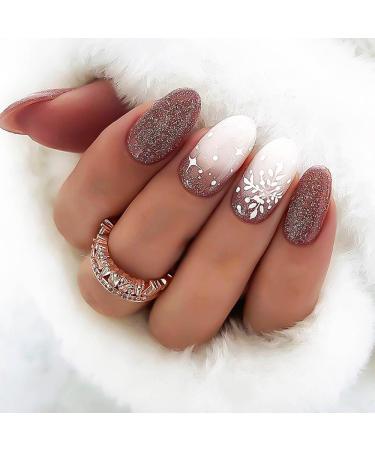 Medium Press on Nails Nude Glitter Almond False Nails Christmas Fake Nails Snowflake Cute Acrylic Nails with Designs Ombre Artificial Nails Full Cover Stick on Nails for Women Girls 24Pcs