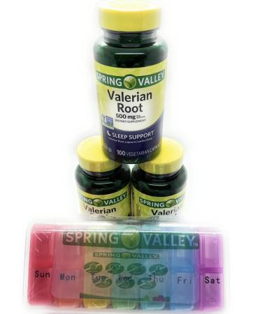 VicVan 3 Bottles of Spring Valley Valerian Root Sleep Aid Dietary Supplement Capsules 500 mg 100 Count Each 7 Day Pill Case.