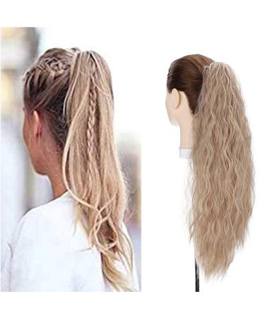 24" Corn Wave Ponytail Extension Claw Clip on Ponytails Wavy Curly Hair Extensions Jaw Pony Tail Hairpiece Light ash Brown mix Bleach Blond 24inch (Pack of 1) Yaki-Light ash Brown mix Bleach Blond