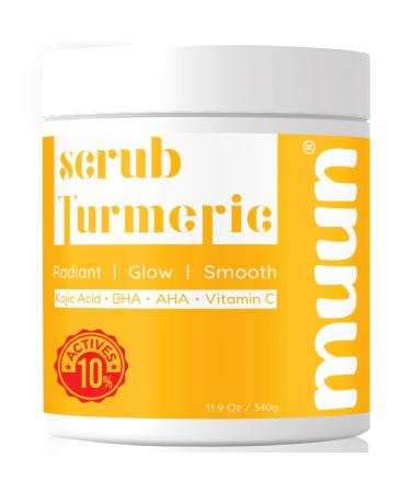 Muun Turmeric Scrub with Kojic Acid AHA/BHA Face &Body - Exfoliator Dark spot Remover- Ingrown Hair Treatment Bikini Area Inner Thighs Armpit Underarm Exfoliating 11.9 Ounce (Pack of 1)