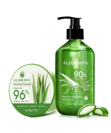 Aloderma Aloe Vera Gels Set 2 Pieces - 200g Aloe Vera Gel 300g Aloe Vera Gel + Tea Tree Oil - Hydrating Soothing Moisturizing