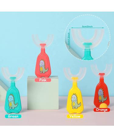 Kids U-Shaped Dinosaur Toothbrush Set for 2-12 Years | Manual Training & Whitening Tooth Brush | 4 Pieces in Yellow, Green, Orange, Pink - Buy Online on GoSupps.com