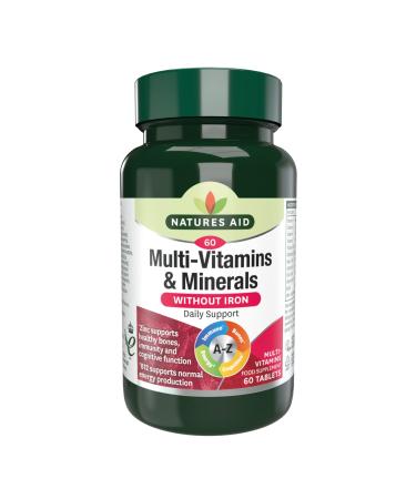 Natures Aid Multi-Vitamins and Minerals 60 Tablets (Without Iron One-a-Day Multi-Vitamin and Mineral Formula Supports Immune Energy Brain and Bone Health Vegan Society Approved Made in the UK) 60 Count (Pack of 1)