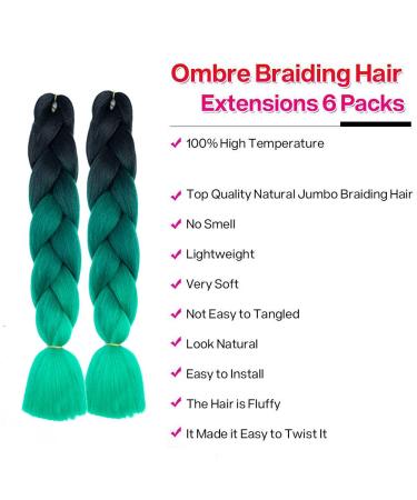 KanCalon 24 Ombre Jumbo Braids - 6 Pieces Synthetic Crochet Hair Extensions (Deep Green & Black) for Stunning Hairstyles - Buy Online on GoSupps.com
